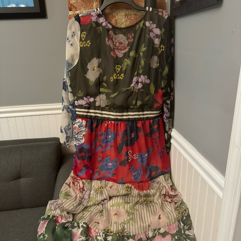 Kaktus Multicolored Mixed Floral Print Bohemian Long Sleeve Maxi Dress Size L - Picture 10 of 14